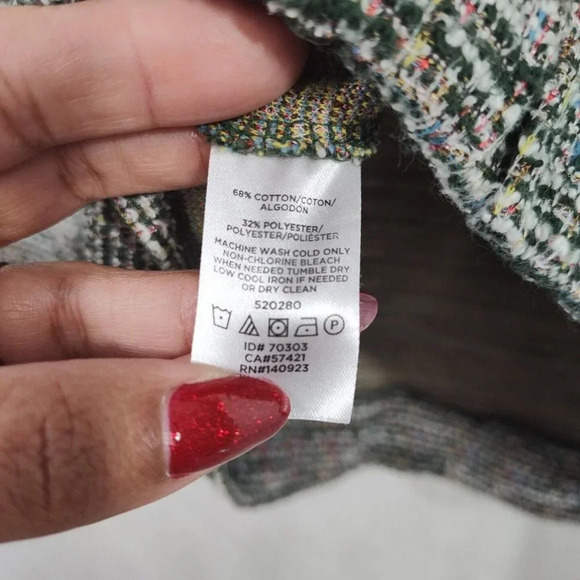 Loft Green Multi-color Tweed Top Women Petite Size MP Long Sleeve Elastic Hem - Picture 6 of 6